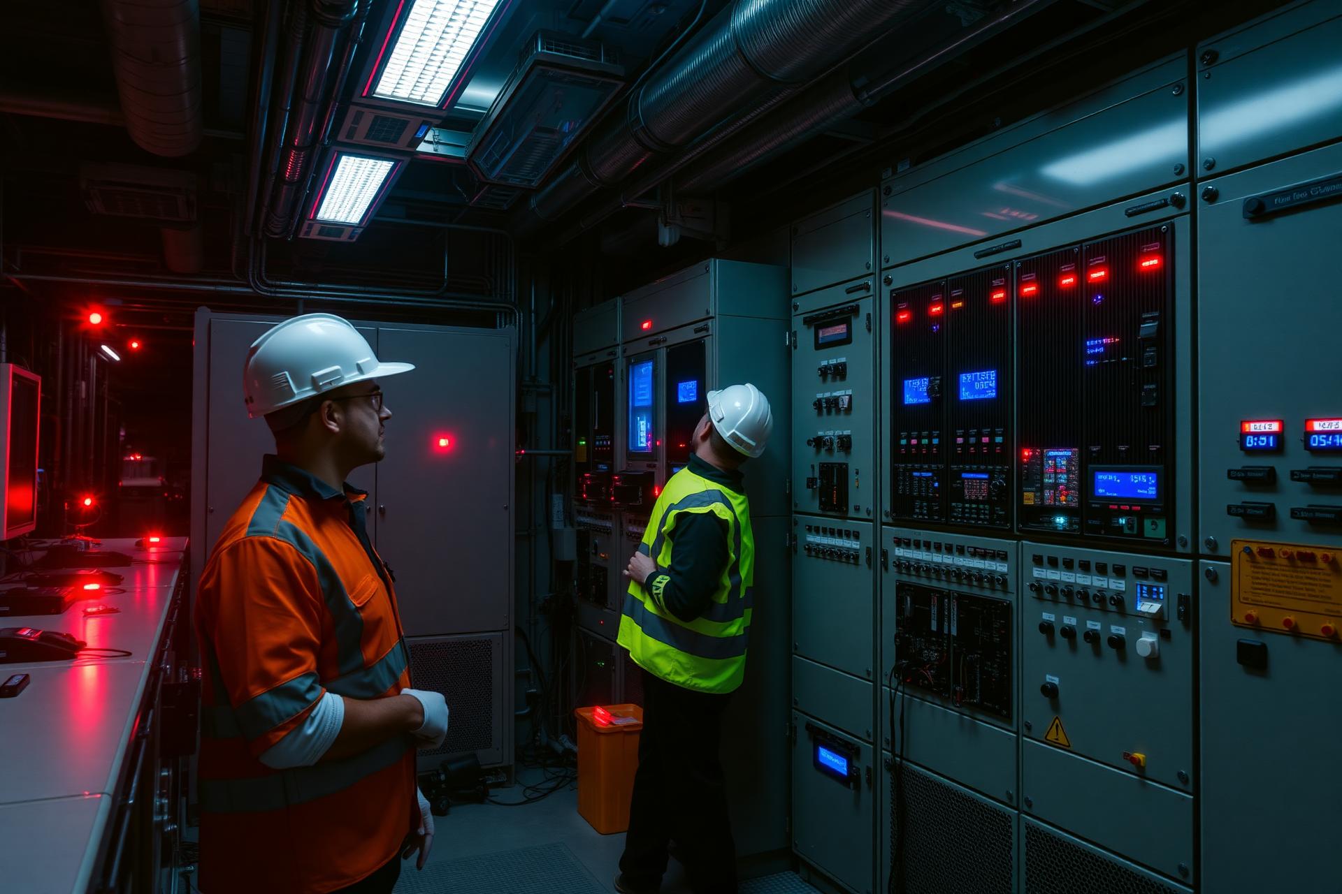 Salle de contrôle industrielle avec armoires électriques et automatismes